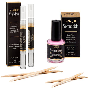 Bundle: Magique VitalePen & Magique SecondSkin - Cuticle Oil Pens & Rose Scented, Edge Perfection, Nail Peel Latex for Nail Art